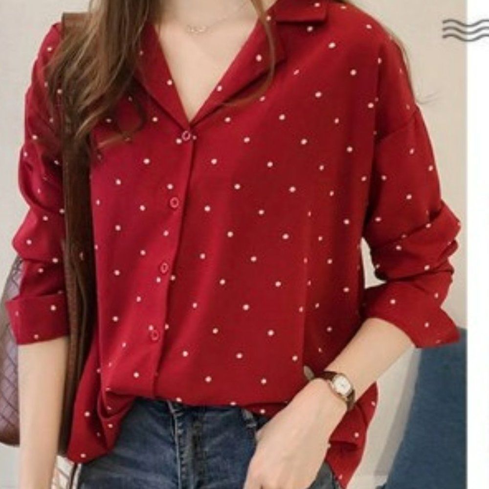 Long-Sleeve Collar Printed Blouse